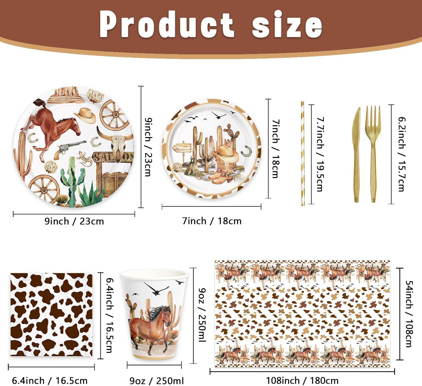 141pcs Cowboy Party Decorations,Cowboy Party Disposable Tableware Includes Dinner Plate Dessert Plate Paper Napkin Cup Knife Fork Straws Tablecloth Western Cowboy Baby Shower Supplies set