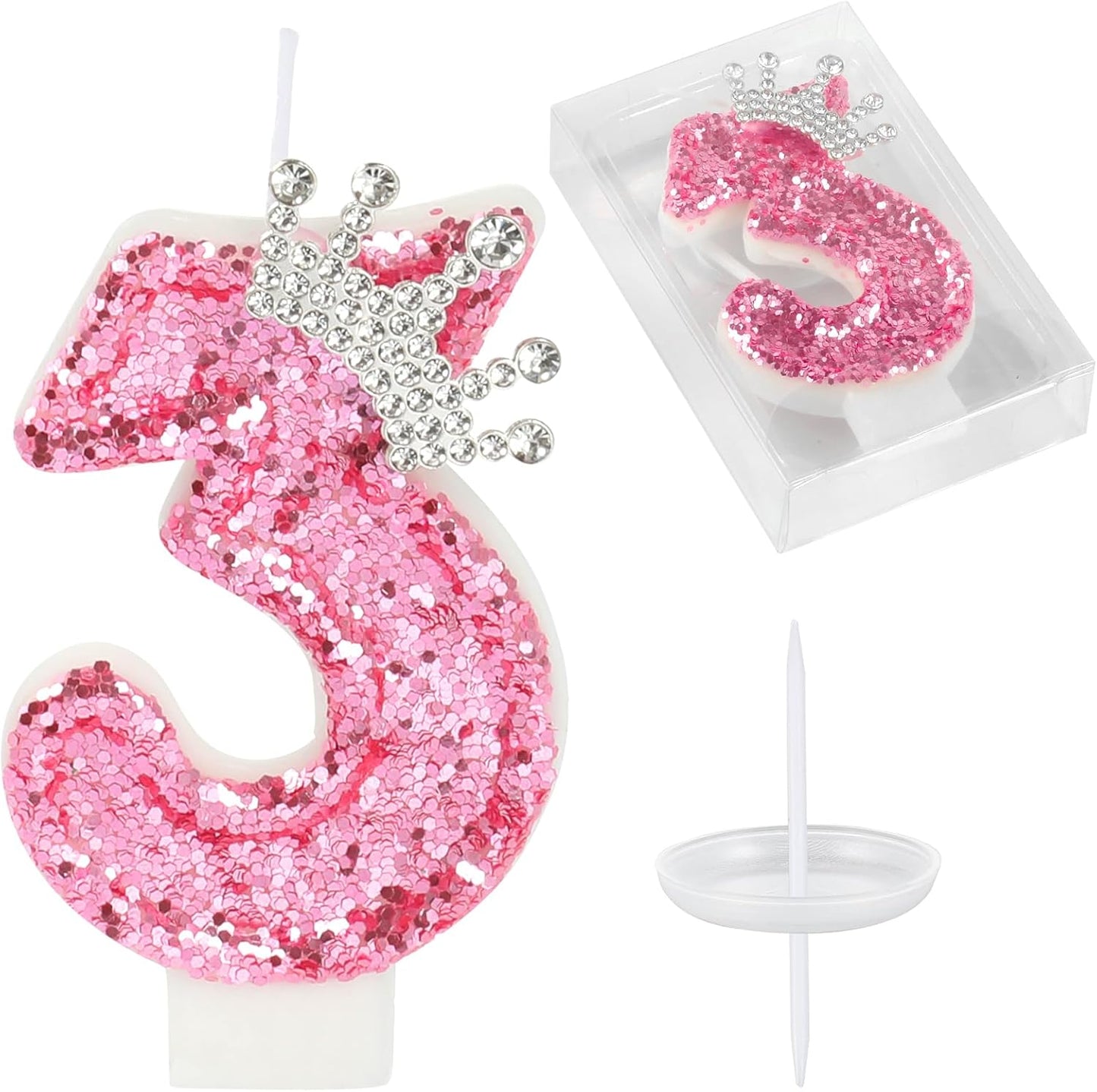 Birthday Number Candles,Pink Crown Birthday Candles for Cake,Glitter Number 3 Candle Cake Topper with Sequins for Girls,Women, Anniversary Celebrations Supplies (Pink 3)