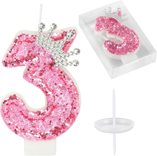 Birthday Number Candles,Pink Crown Birthday Candles for Cake,Glitter Number 3 Candle Cake Topper with Sequins for Girls,Women, Anniversary Celebrations Supplies (Pink 3)