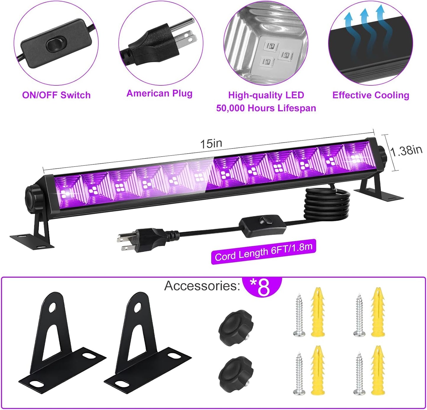 8 Pack 40W LED Black Light Bar, Black Lights Light Up 4000ft² with Switch+Plug+6ft Cord, for Glow Party Supply, Halloween, Bedroom, Body Paint, Fluorescent Party