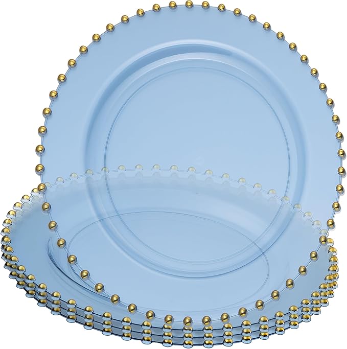 PLASTICPRO Translucent Blue with Gold Rim Plastic Charger Plates with Beaded Edge – Pack of 8 – 13" Elegant Round Disposable Chargers for Weddings, Events, Parties, and Dinners