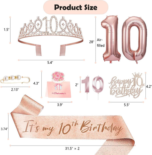 10th Birthday Decorations for Girl, 10th Birthday Sash and Crown, Cake Topper, Number Candles and Balloons, 10 Year Old Gifts for Girls