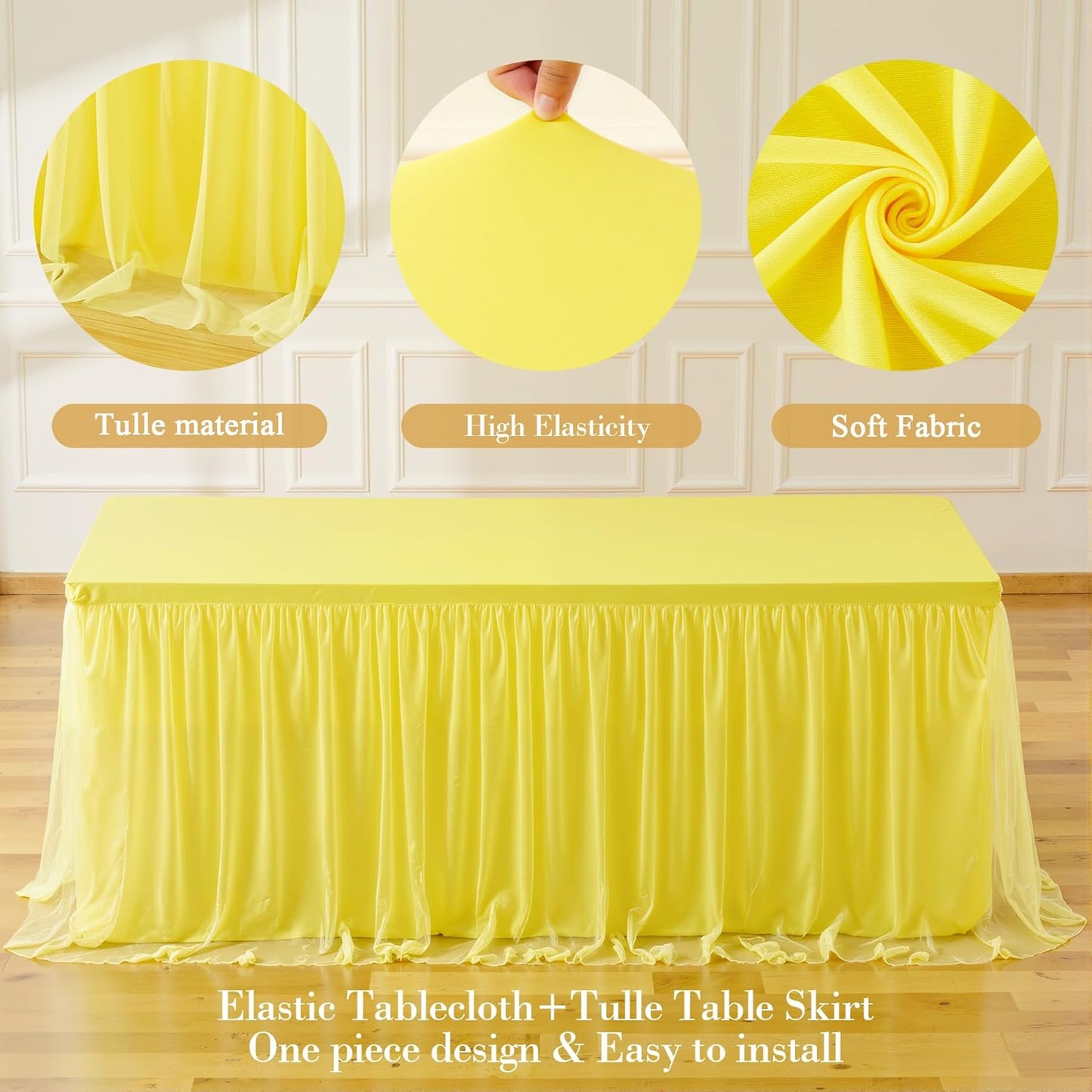 Yellow Tulle Tablecloth for 8 Foot Rectangular Tables 8ft Yellow Rectangle Table Cloth Wrinkle Free Table Cover with Tutu Skirt for Birthday Cocktail Banquet Buffet Lemon Citrus Fruit Party Decoration
