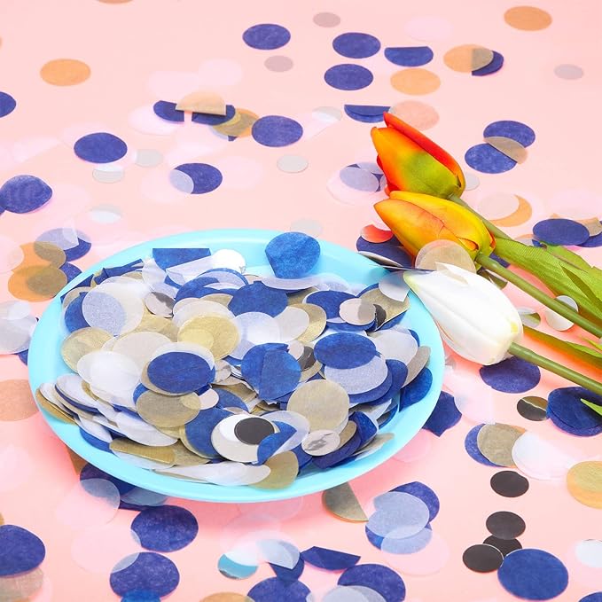 TecUnite Blue Gold Silver Confetti Round Tissue Paper Table Confetti Dots for Wedding Birthday Party Decoration Arts Craft DIY Scrapbooking, 1.76 oz (2.5 cm)