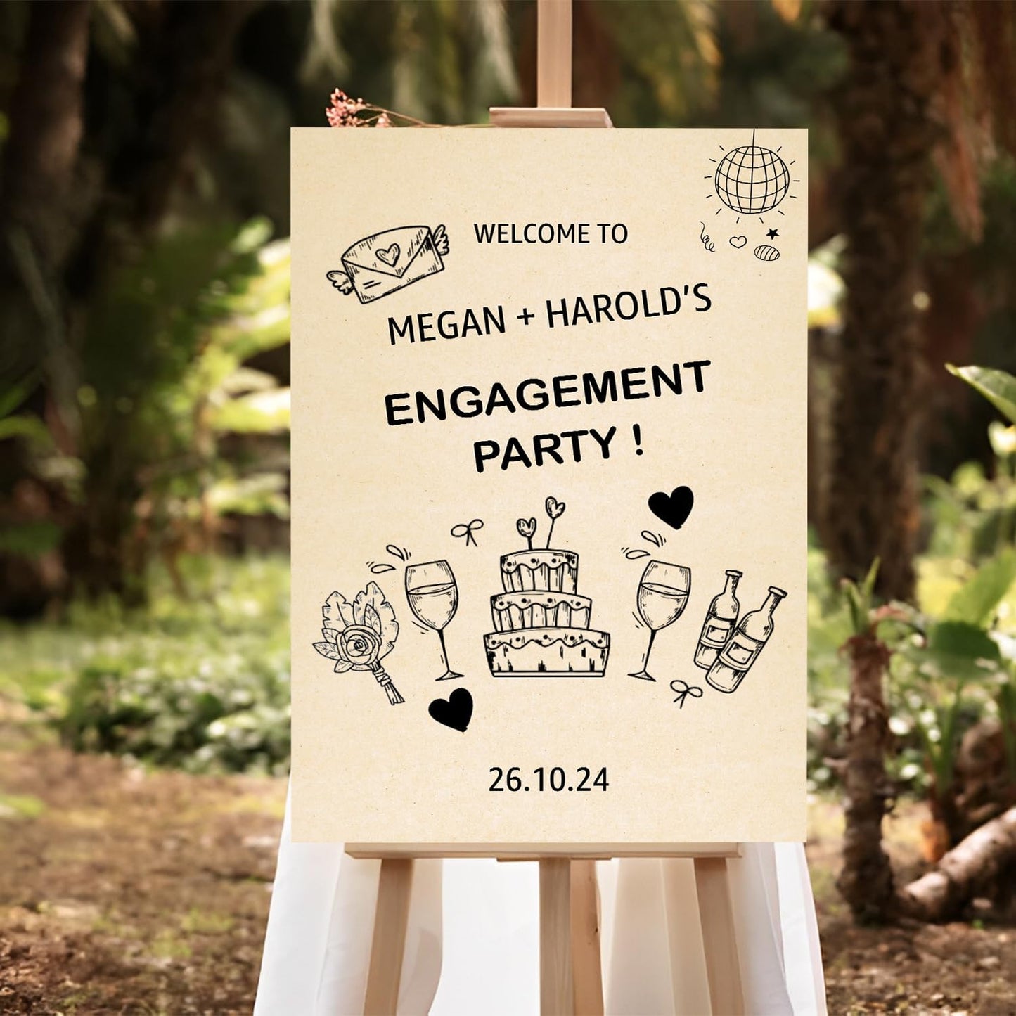 Welcome Sign - Hand Drawn Scribble Illustration 'We're Engaged' Printable Signage for Engagement Party