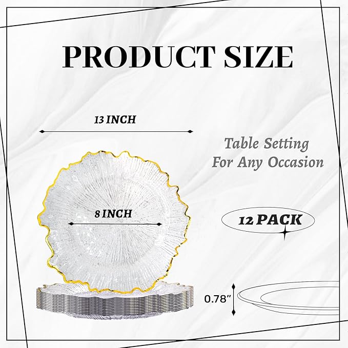 MAONAME 13" Clear Charger Plates, Round Reef Chargers for Dinner Plates, Plastic Plate Chargers for Table Setting, Wedding Decor, Set of 12