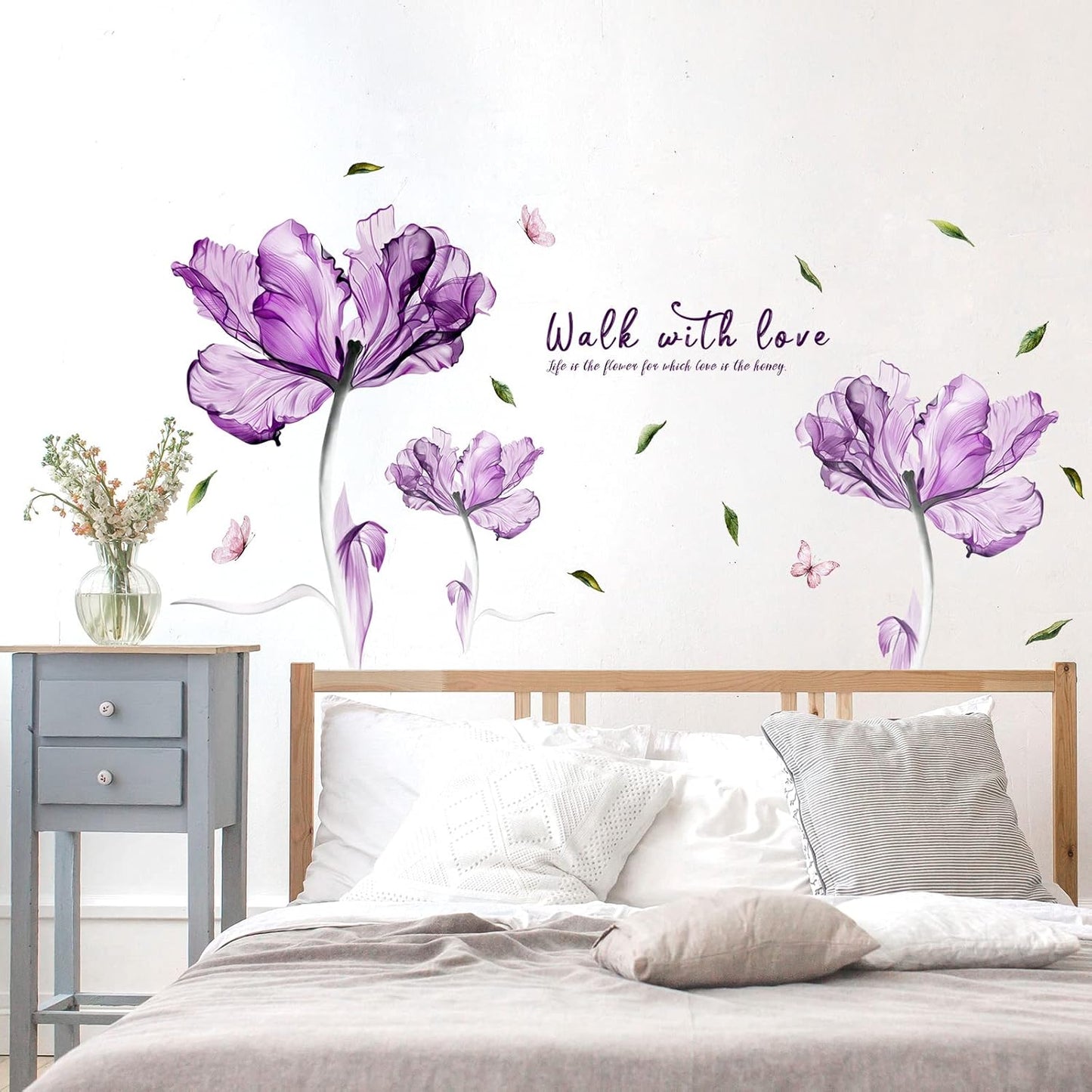 Flowers Wall Sticker Watercolor Purple Floral Wall Decal DIY Butterfly Flower Art Decor Stickers Floral Quotes Saying Wall Decals Mural for Nursery Bedroom Kids Room