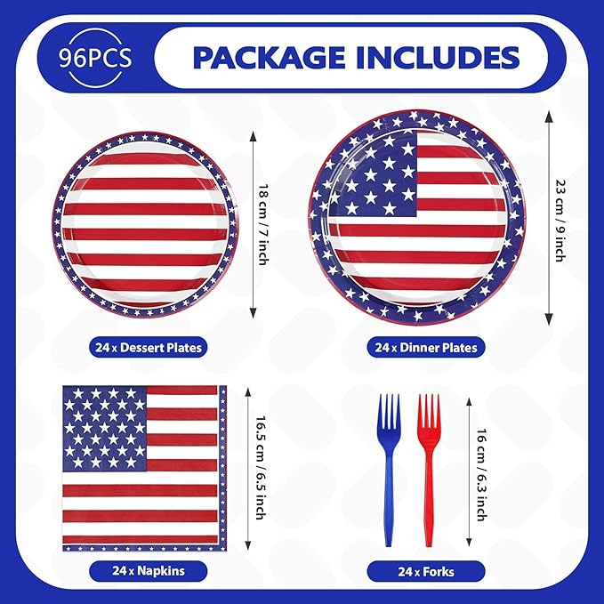 Grencian 96Pcs American Flag Patriotic Party Supplies Veterans Day Patriotic Paper Plates and Napkins US Flag Disposable Tableware for Veterans Day 4th of July Party Decorations Serve 24