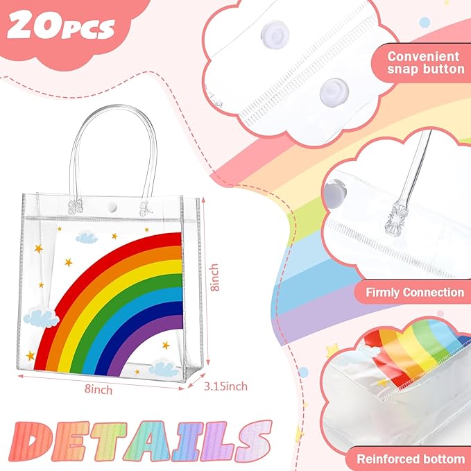 Aliceset 20 Pcs Clear Plastic Goodie Bags Party Treat Bags with Handles Rainbow Themed Favor Wrapping for Birthday Snack Candy Holiday Decoration Baby Shower Supplies, 8 x 8 x 3.15 Inch