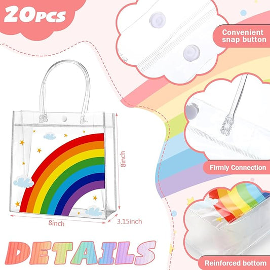 Aliceset 20 Pcs Clear Plastic Goodie Bags Party Treat Bags with Handles Rainbow Themed Favor Wrapping for Birthday Snack Candy Holiday Decoration Baby Shower Supplies, 8 x 8 x 3.15 Inch