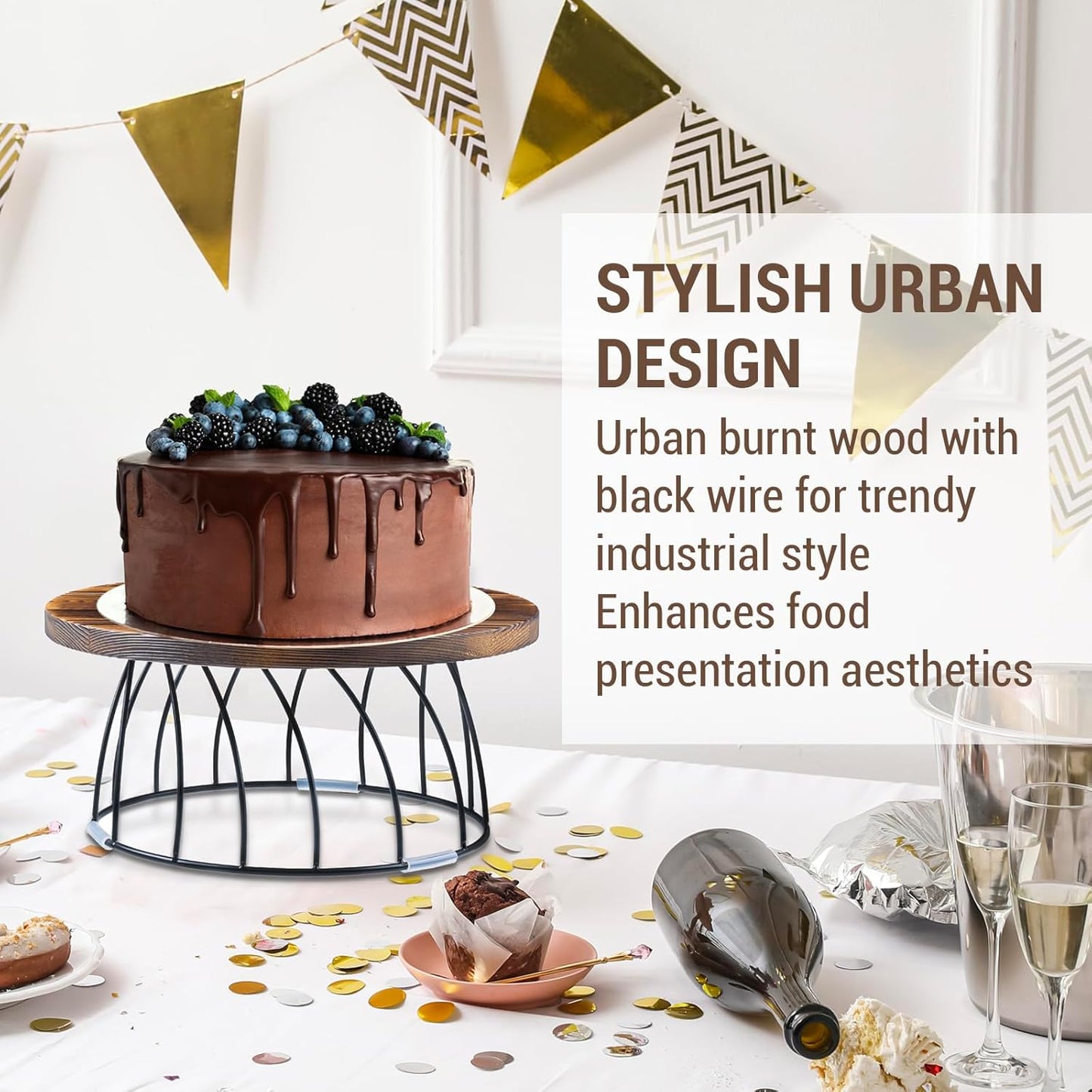 MyGift 12 Inch Round Rustic Burnt Solid Wood and Black Metal Wire Food Serving Stand, Table Display Riser for Pizza Cake Cupcake Pie Dessert Wedding Party Urban Decor