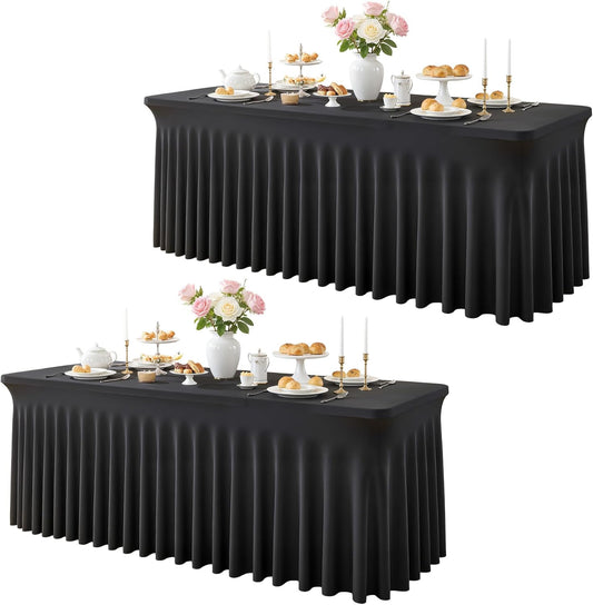 Besutolife Black Spandex Tablecloth with Skirt for 8ft Rectangle Tables 2 Packs- Wrinkle-Resistant, Stretchable, Machine Washable - Perfect for Weddings Banquets Birthday Parties Events