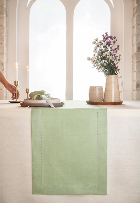 D'Moksha Homes Linen Sage Green Table Runner 108 Inches Long - 100% Pure Linen 14 x 108 Inch Table Runner for Fall, Autumn and Halloween - Classic Hemstitch