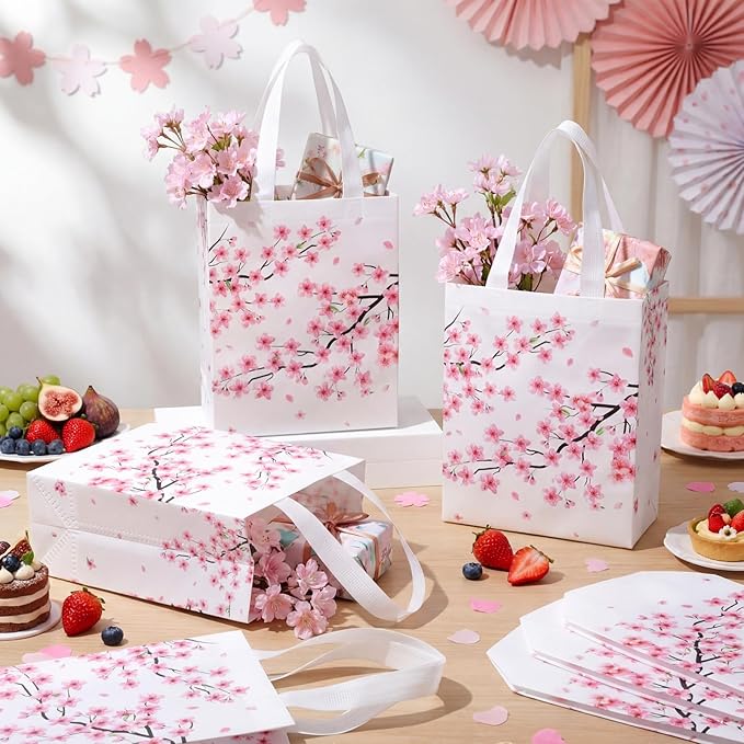Supervitae 24 Pack Cherry Blossom Theme Gift Bags Spring Floral Medium Goodie Party Favor Bags Vintage Reusable Totes Non Woven Totes for Baby Shower Birthday Wedding Family Travel(9.8" x 7.9" x 3.9")