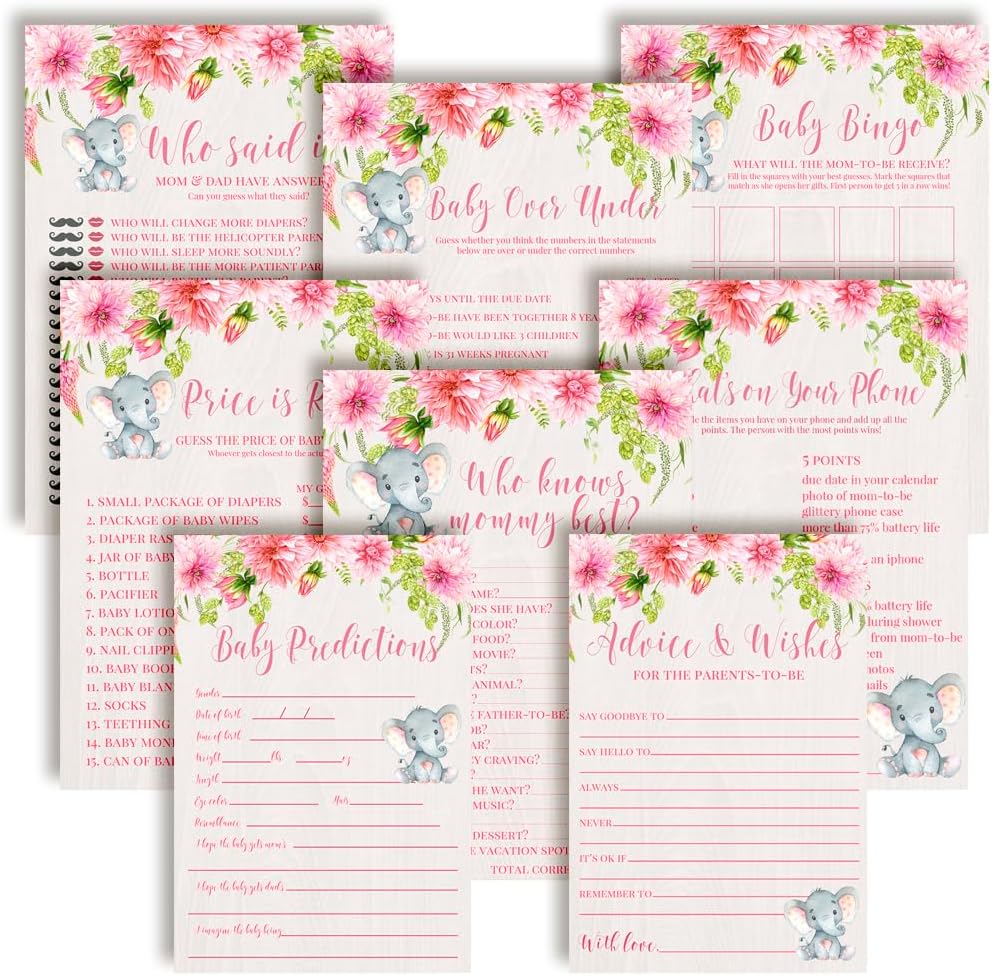 Amanda Creation Baby Shower Games 8 Game Set Watercolor Dahlia Floral Elephant Girl 80 Double-Sided Cards for 20 Guests.Bingo, Baby Predictions & Activities for Guests. Theme for Girl