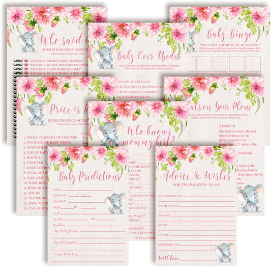 Amanda Creation Baby Shower Games 8 Game Set Watercolor Dahlia Floral Elephant Girl 80 Double-Sided Cards for 20 Guests.Bingo, Baby Predictions & Activities for Guests. Theme for Girl