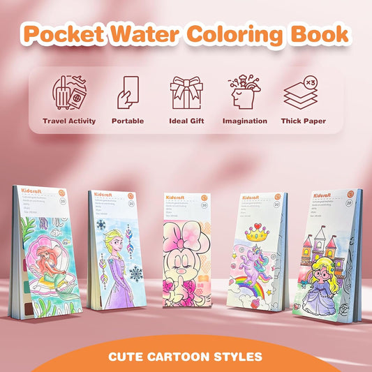 Paint with Water Coloring Books for Kids, Pocket Mess Free Watercolor Painting Kit, Water Color Paint Set Arts and Crafts Gift for Girls Ages 4 5 6 7 8+, Travel Activity Toy - Cartoon