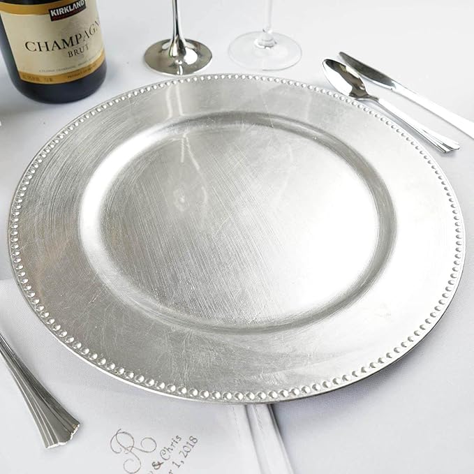 Efavormart 6 pcs 13" Metallic Silver Beaded Round Charger Plates for Tabletop Decor Holiday Decoration