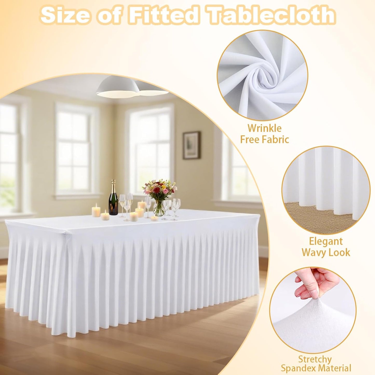 5 Pack White Spandex Tablecloths, Stretch Fitted 6ft Table Cover (120 Inch) with Skirt, Wrinkle Free for Weddings, Parties, Banquets, Dining Fits 6 Foot Rectangle Tables