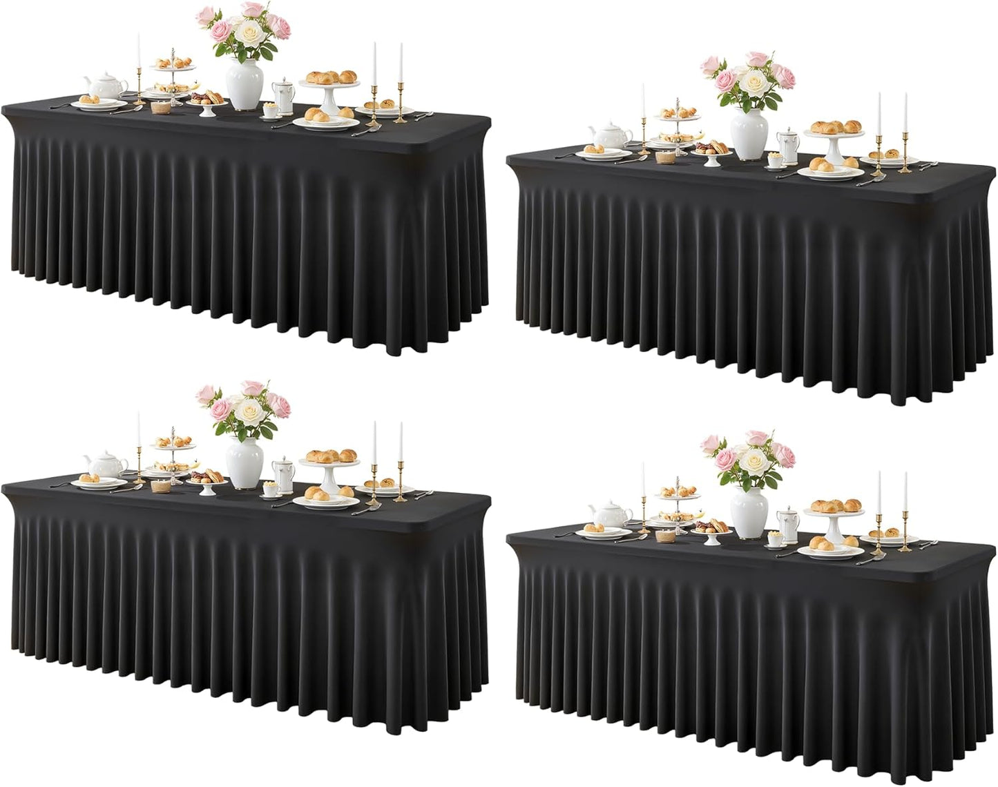 Besutolife Black Spandex Tablecloth with Skirt for 6ft Rectangle Tables 4 Packs- Wrinkle-Resistant, Stretchable, Machine Washable - Perfect for Weddings Banquets Birthday Parties Events