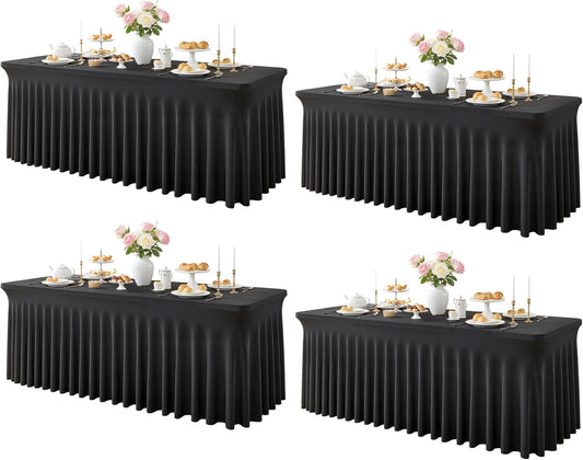 Besutolife Black Spandex Tablecloth with Skirt for 6ft Rectangle Tables 4 Packs- Wrinkle-Resistant, Stretchable, Machine Washable - Perfect for Weddings Banquets Birthday Parties Events