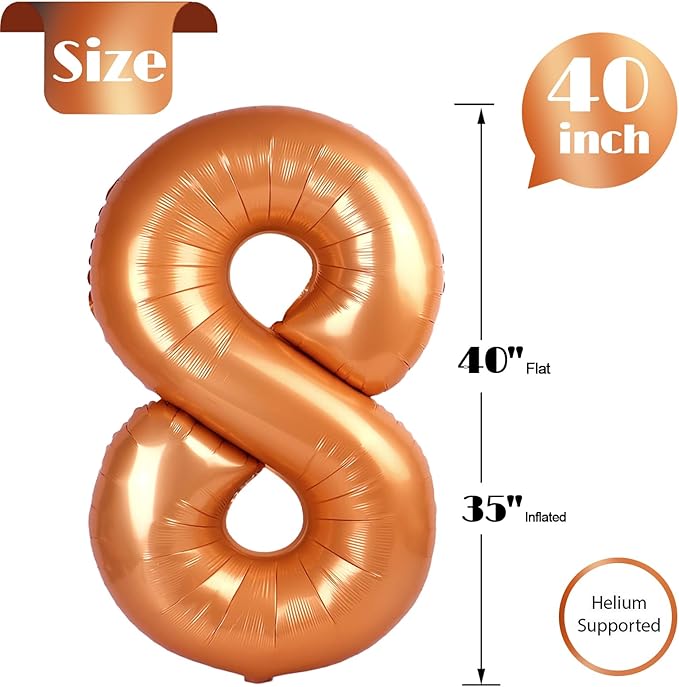 Orange Number 8 Balloon 40 Inch, 8th Birthday Party Decorations for Children, Giant 8 Foil Balloon for Party Supplies