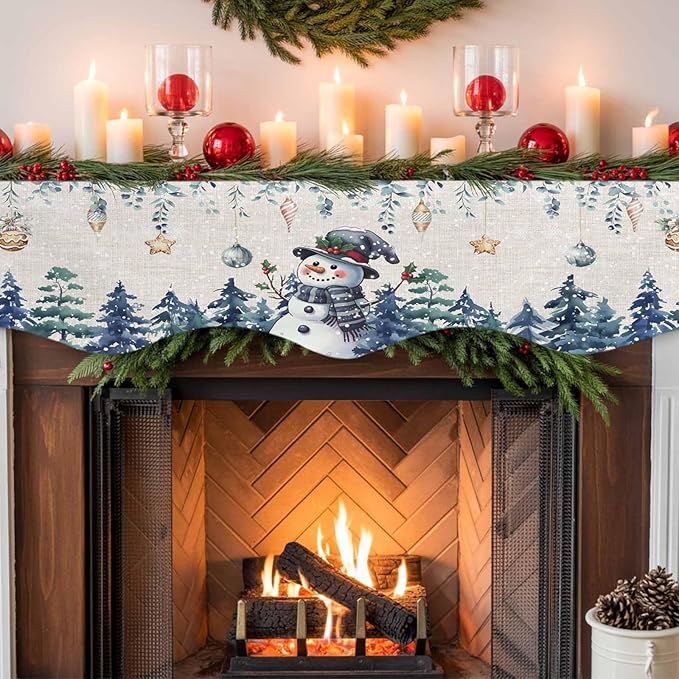 Blue Snowman Christmas Fireplace Mantel Scarf Table Runner, Xmas Snowflake Eucalyptus Leaves Rustic Winter Garland Mantel Top Tablerunners Dresser Scarves Cover for Windows Party Living Room 90''x17''