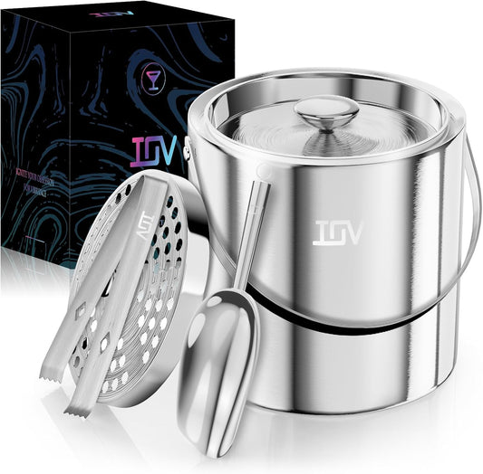 IOV Ice Bucket with Lid, Scoop, Tongs, and Strainer, 3 L Stainless Steel Double Wall Insulated Ice Bucket for Parties, Keeps Ice Frozen Longer, Ideal for Cocktail Bars, Freezers, and Wine - Silver