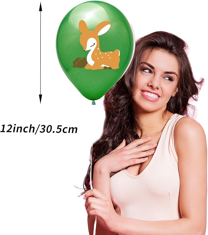 Animal Balloons, 12 Inch Jungle Safari Balloons Animal Rabbit Sika Deer Fox Squirrel Print Balloons Green White Yellow Jungle Safari Theme Party Decorations Party Supplies (4 Kind Of Animal)