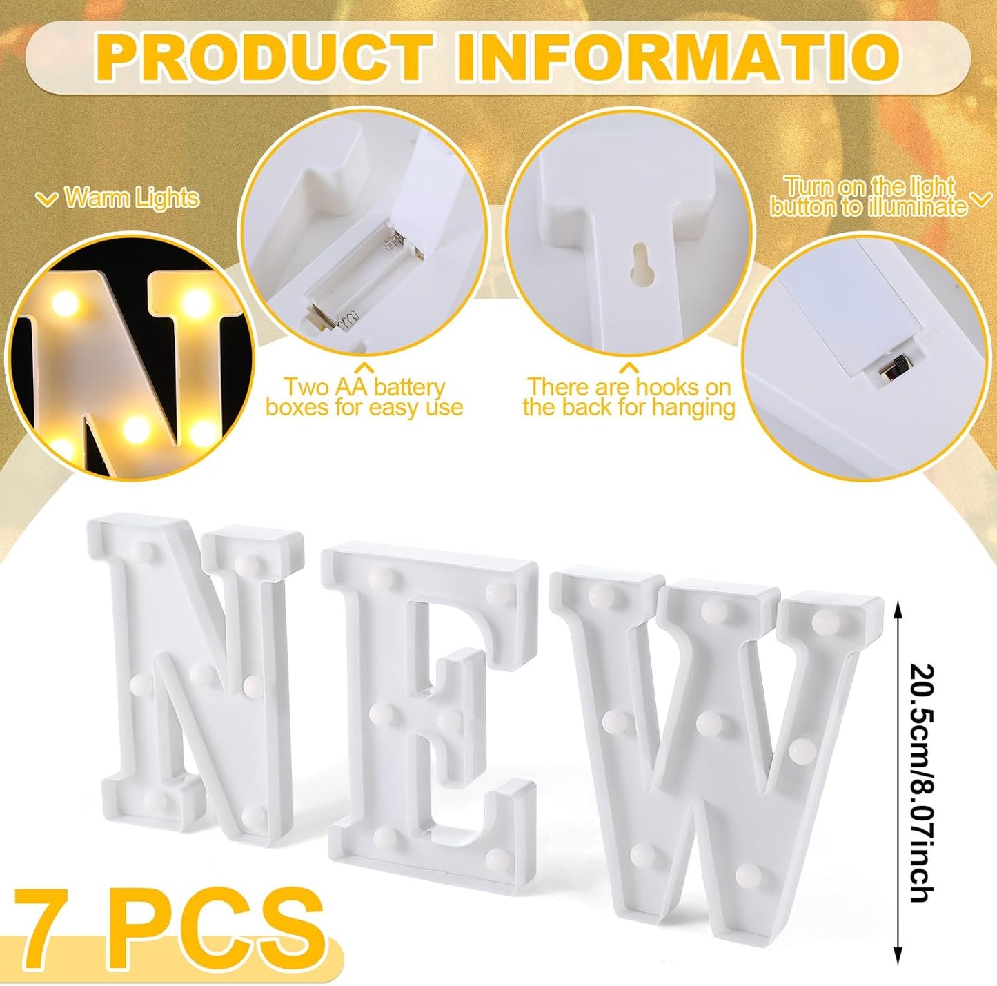 7 Pcs New Year Large LED Letter Sign LED Lights Battery Powered Table Decoration for New Year Christmas Party Tabletop Decoration