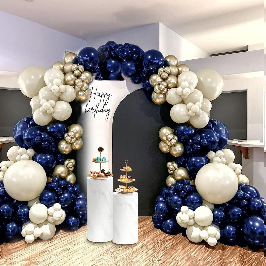 Navy Blue Balloon Garland Double Stuffed Pearl White Royal Blue Balloons Dark Navy Gold Balloon Arch Kit for Birthday Baby Shower Graduation Bridal Wedding New Year's Party Decor