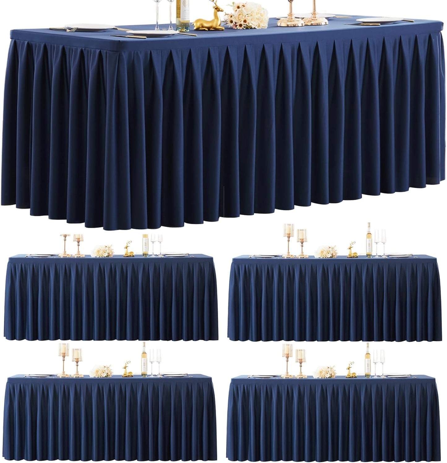 HB HBB MAGIC 4 Pack Navy Blue Tablecloths for 6 Foot Rectangle Tables, Elegant Pleated Table Skirt – Wrinkle Free Stretch Fitted Table Cover for Weddings, Banquets, Birthday Parties & Events