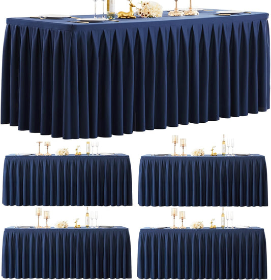 HB HBB MAGIC 4 Pack Navy Blue Tablecloths for 6 Foot Rectangle Tables, Elegant Pleated Table Skirt – Wrinkle Free Stretch Fitted Table Cover for Weddings, Banquets, Birthday Parties & Events
