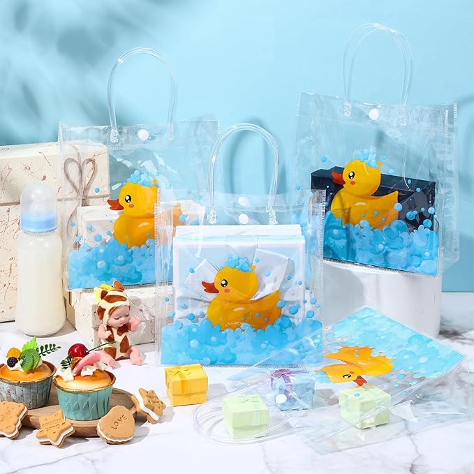 Aliceset 20 Pcs Duck Party Clear Favor Bags with Handles Rubber Duck Baby Shower Goodie Bags for Birthday Party Candy Treat Baby Shower Decoration Supplies, 8x8x3.15 Inch
