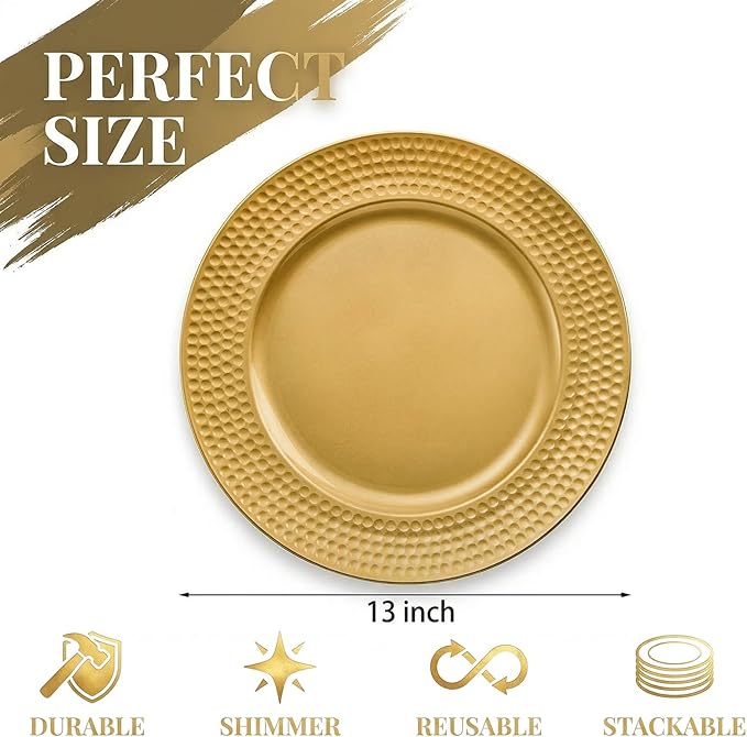Nicunom 12 Pack Gold Charger Plates, 13 Inch Round Charger Plates with Hammered Rim, Plastic Charger Plate for Wedding Dinner Party Event Decoration