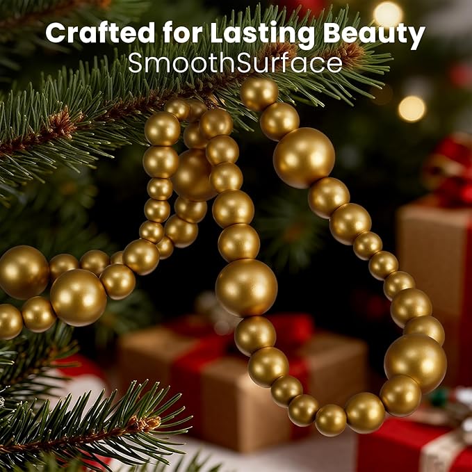 2PCS Christmas Wood Beads Garland 14.4 Feet Wooden Bead Garland Boho Ornaments for Christmas Tree, Xmas Vintage Rustic Farmhouse Round Craft Bead Hanging Holiday Decorations(Gold)