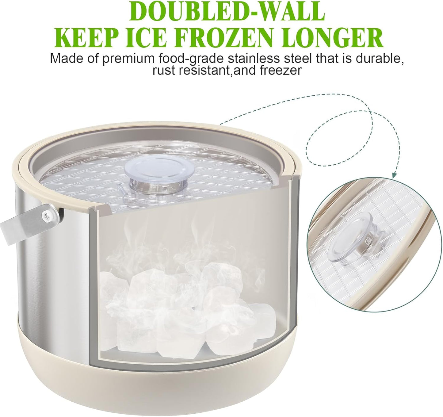 5Quart/4.8L Insulated Ice Bucket with Scoop & Lid, Double-Wall Ice Bucket,Large Party Bucket BPA Free for Cocktail Bar, Champagnes (White)