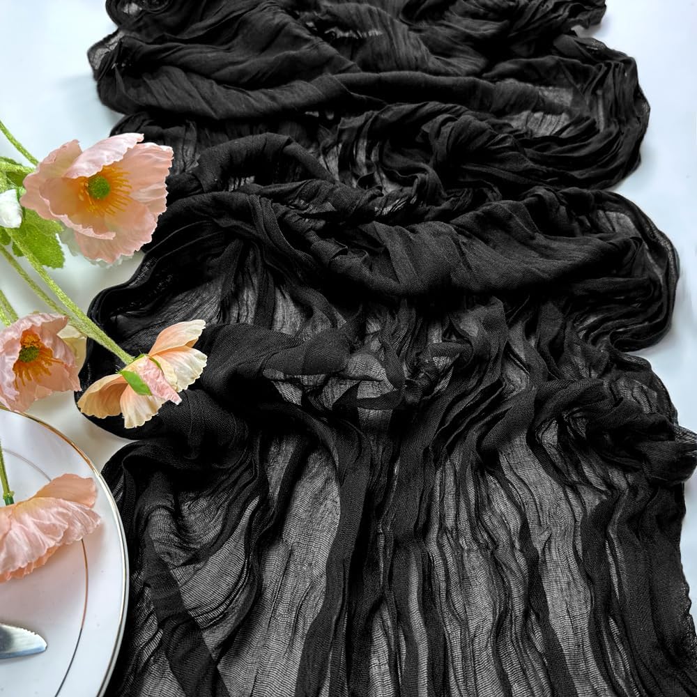 Booque Valley Black Table Runner 3 Pack Cheesecloth 10ft Super Soft Boho Wrinkled Gauze Sheer Cloth for Baby Shower Baptism Birthday Party Wedding Centerpiece Table Halloween Decoration, 35x120 Inch