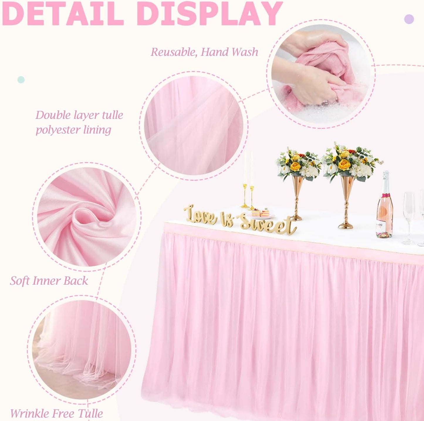 9FT Pink Tulle Table Skirts for Rectangle or Round Tables Tulle Tablecloth Princess Birthday Party TableSkirt 108X30.3'' 2 Layer Tutu Table Cloth for Girl Baby Shower Wedding Party Decorations