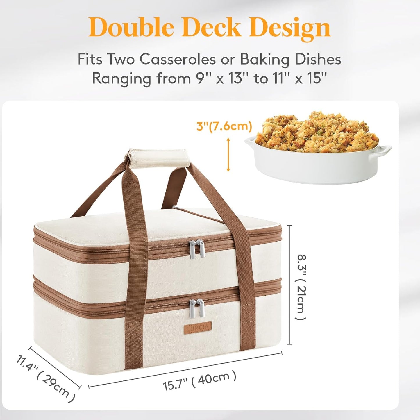 LUNCIA Double Decker Insulated Casserole Carrier for Hot or Cold Food, Lasagna Lugger Tote for Potluck Parties/Picnic/Cookouts, Fits 9"×13" Baking Dish, Cream