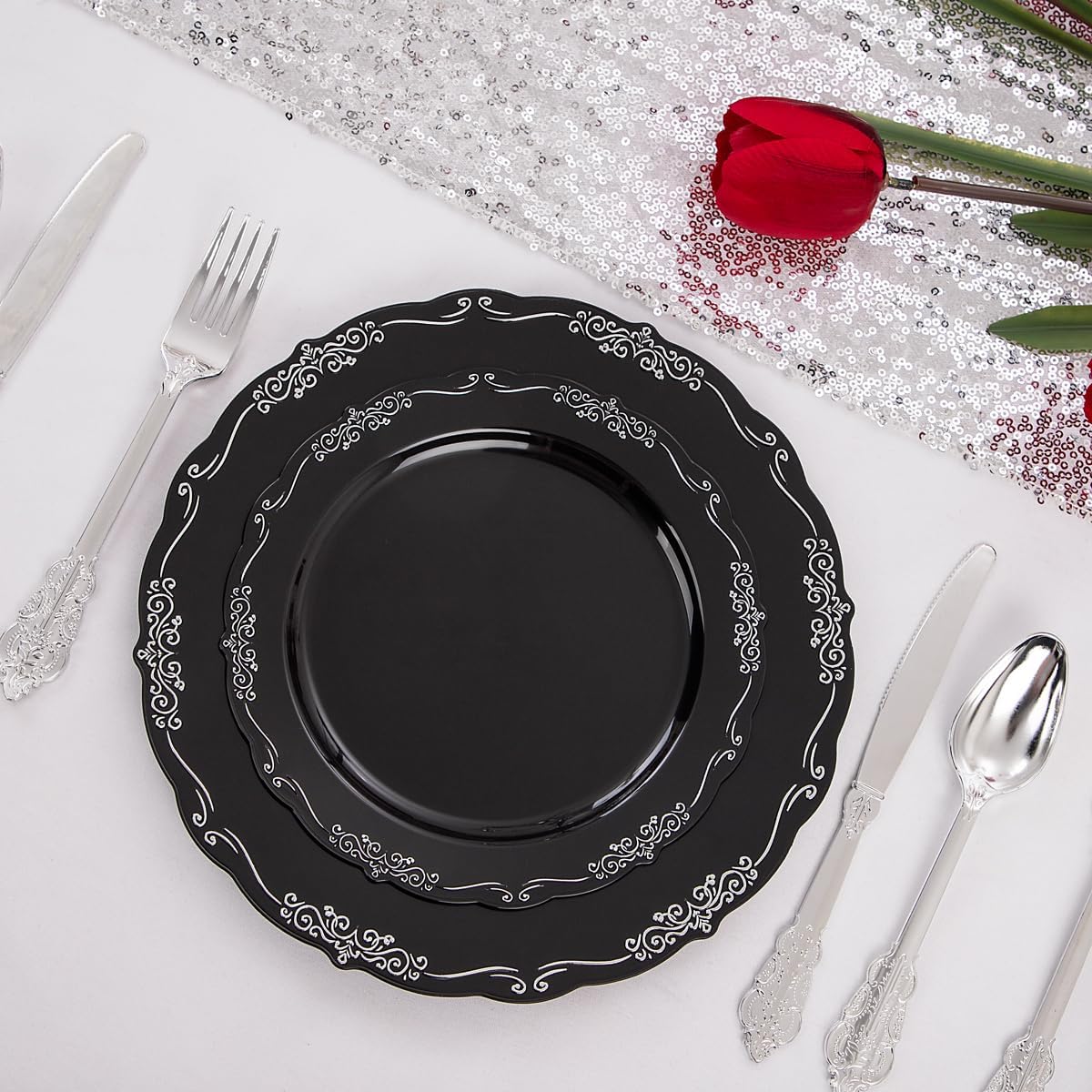 DaYammi 150 Pcs Black Silver Plastic Plates & Silver Plastic Silverware,Black silver Disposable plates for Include 30 Dinner Plate,30 Dessert Plate,30 Knives,30 Forks,30 Spoons for New Year Party