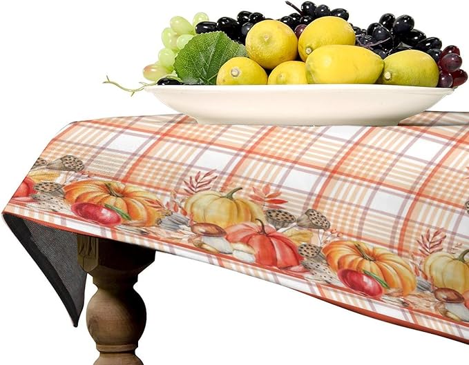 YCness Autumn Pumpkin Thanksgiving Tablecloth, Orange Striped Grid Watercolor Seasonal Colorful Fruits Maple Leaf Fall Table Decor for Home Bedroom Kitchen Dinner Table Cover 55x75 Rectangle