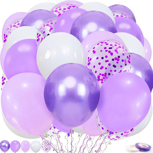 Lavender Purple Balloons, 60 Pcs 12inch Metallic Balloons Lavender Lilac Confetti Balloons with Purple Ribbons Set for Birthday Bridal Shower Wedding Party Decorations