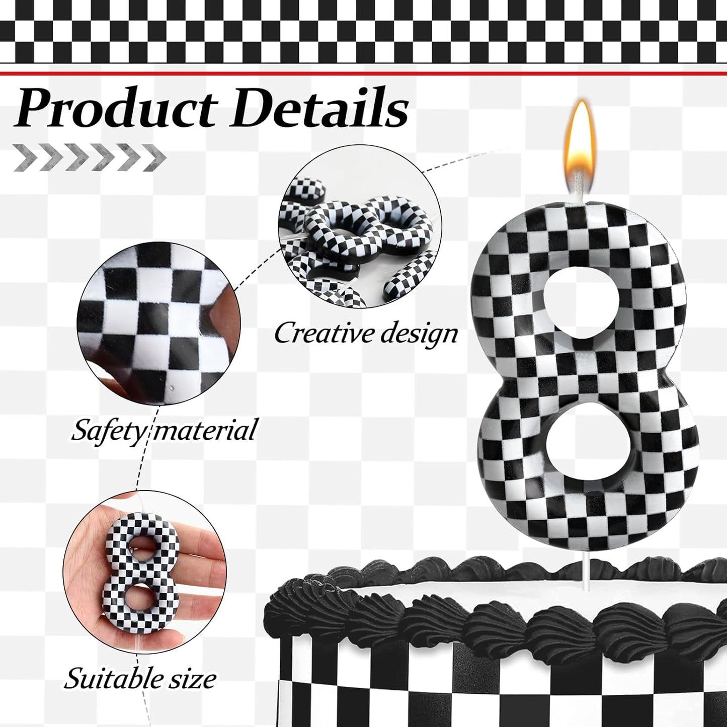 Racing Cars Themed Birthday Candle Number 8 Checkered Candle Birthday Party Decoration Cake Topper for Racing Car Party Decoration Theme Party Supplies (Number 8)