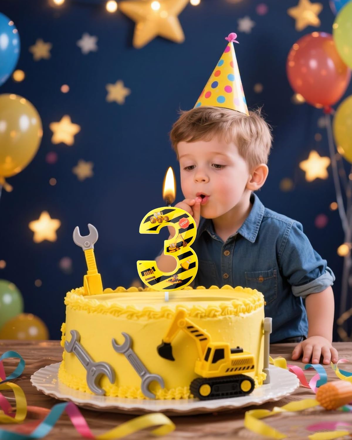 Number 3 Construction Birthday Candle, 2.68 Inch Yellow and Black Striped Candle, Birthday Candles Numbers Construction Cake Topper for Boys Girls, Construction Birthday Party Supplies Decorations
