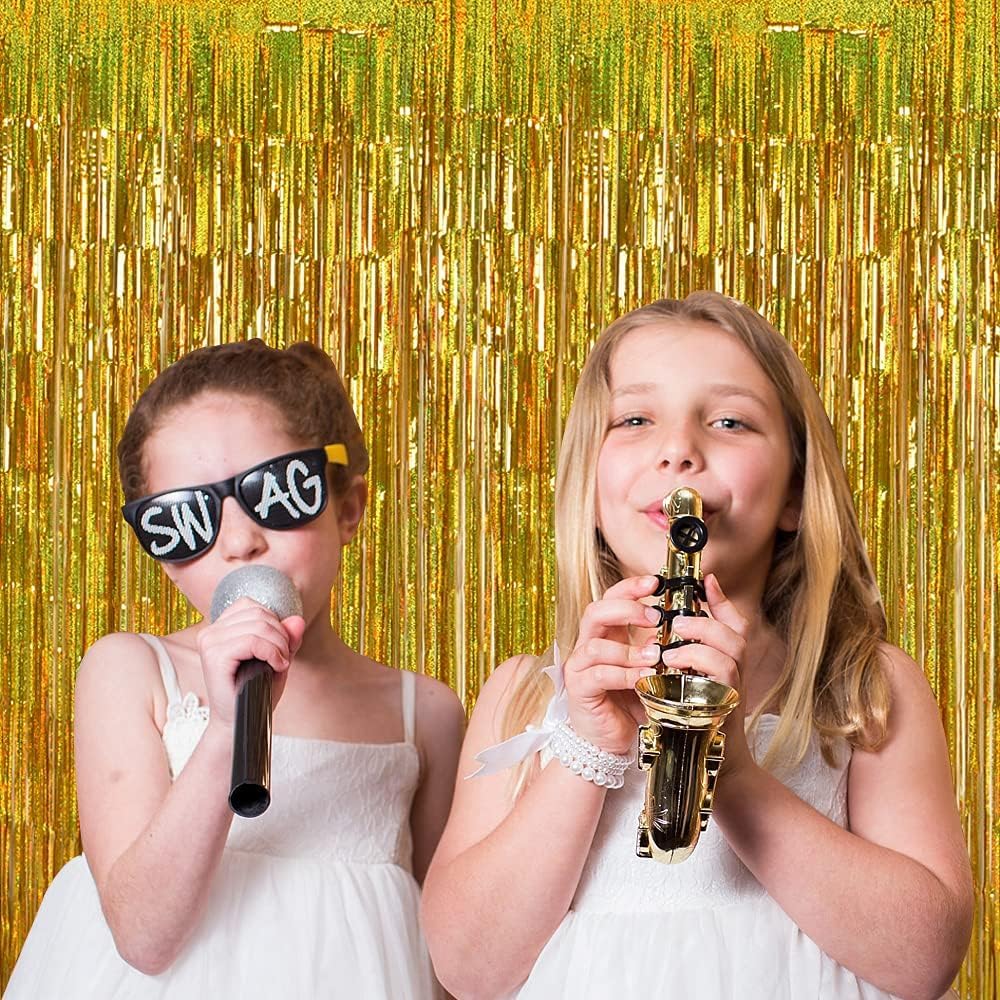 TONIFUL 3Pcs Laser Gold Door Streamers, Metallic Foil Fringe Curtains for Birthday, Christmas, New Year, Bachelorette, Graduation Parties (9.9ft x 6.6ft)