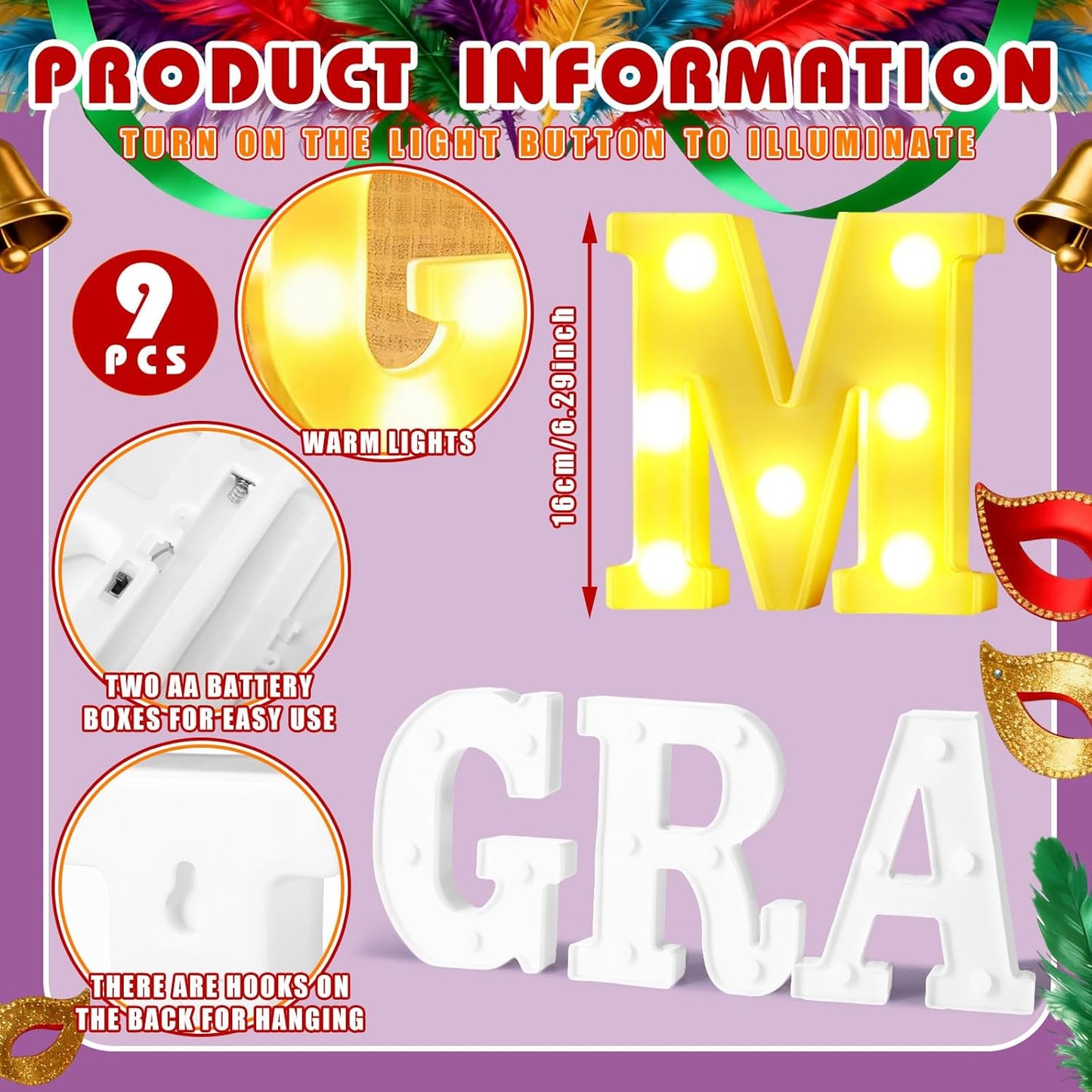 9 Pcs Mardi Gras Large LED Letter Sign LED Lights Battery Powered Table Decoration for Party Gift Tabletop Decoration