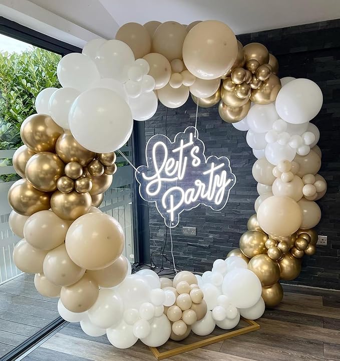 White Sand Gold Balloon Garland Arch Kit, 162PCS Neutral White Sand Chrome Gold and White Balloons for Baptism First Communion Boho Wedding Baby Shower Birthday Party Decorations