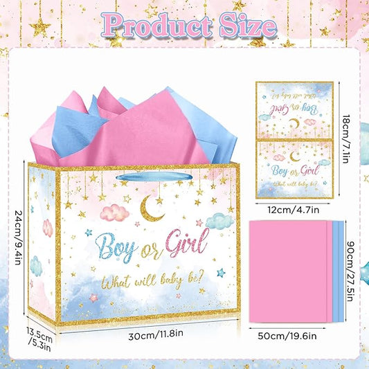 Gender Reveal Gift Bag Blue Pink Boy or Girl Paper Bag with Wrapping Paper Card What Will Baby Be Party Decoration Twinkle Treat Candy Bag for Baby Shower Gender Reveal Birthday Party Supplies