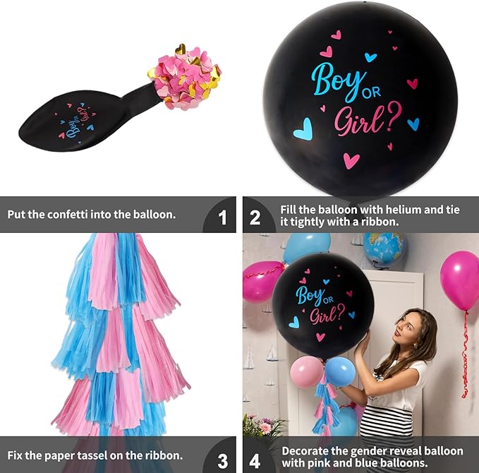 RUBFAC Gender Reveal Balloon Kit, 2pcs 36" Jumbo Black Baby Boy or Girl Balloons with Heart Shaped Paper Confetti, Blue Pink Balloons and Tassels for Baby Shower Gender Reveal Party
